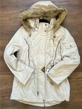 Women’s Cream Hooded Parka with Faux-Fur Trim